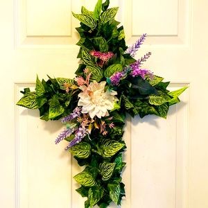 Easter Cross Wreath, Holiday Wreath, Greenery Wreath, Memorial Wreath